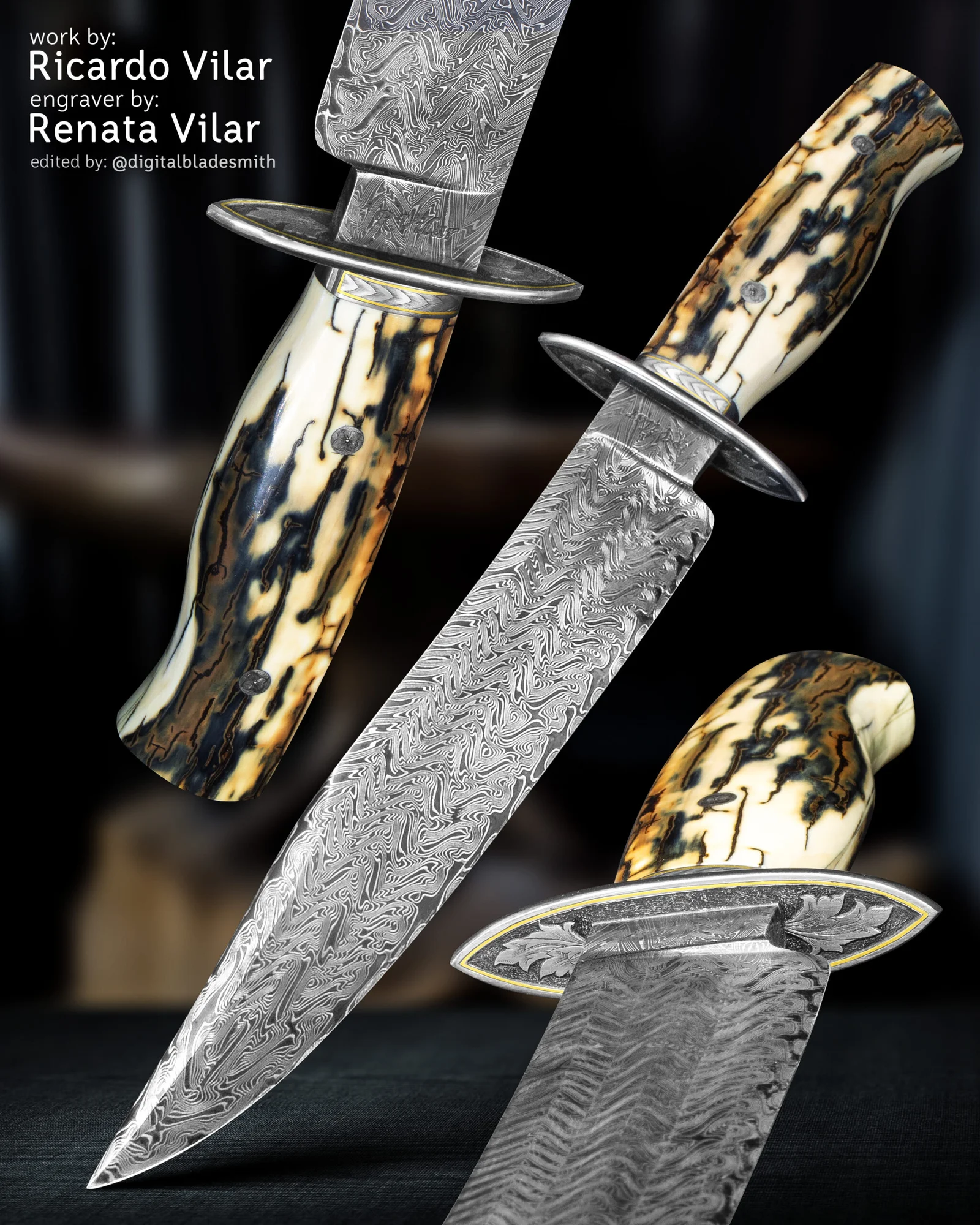 Custom Long Damascus Knife 3 Angles